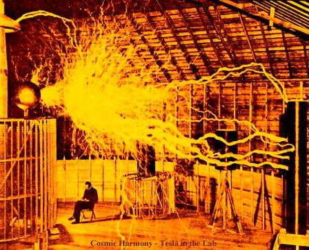 Tesla demonstrating wireless electrical transmission